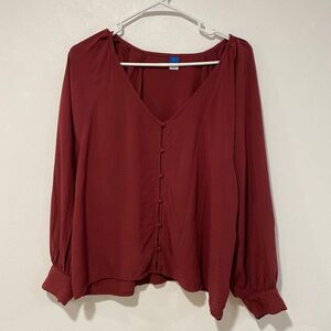 Old Navy Women’s Large Burgundy Button Front Blouse Long Sleeve V-Neck